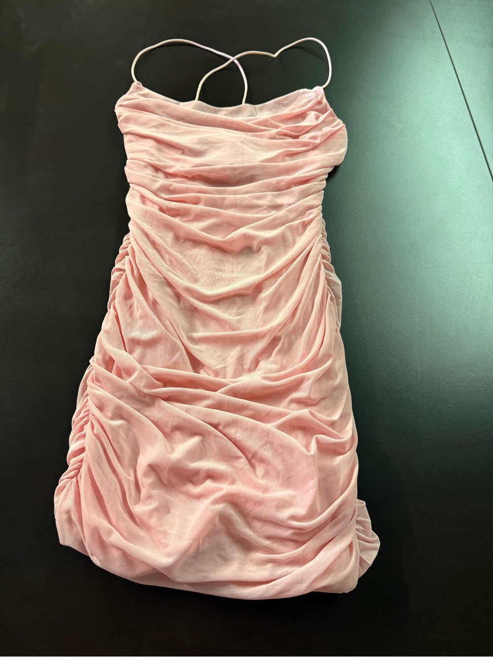 Feminine Blush Ruched Spaghetti-Strap Mini Dress